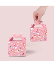 Detail of pink cartoon gift box with bow handle and cute dessert patterns for cookies