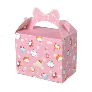 Pink cartoon gift box with cat patterns and bow handle on a clean white background