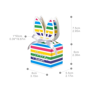 Detail of colorful rainbow gift box with rabbit ears, white ribbon and Happy Times text