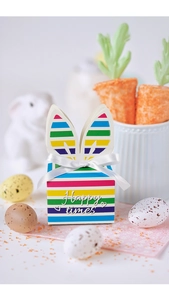 Detail of square rabbit ear gift box with rainbow stripes and a white satin bow