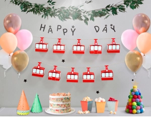 Macro detail of red cable car gift boxes hanging for birthday party decoration