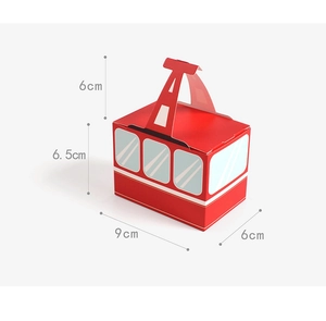 Three-dimensional view of red cable car gift box with specific size measurements