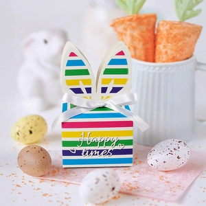 Rainbow Striped Bunny Ear Gift Boxes Cardboard Candy Packaging With White Ribbon Bow Foldable Party Favors