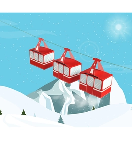 Detail of red cable car gift boxes hanging on a steel cable in a winter snow scene