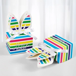 Rainbow striped paper gift boxes with cute rabbit ears and white satin bows for candy packaging