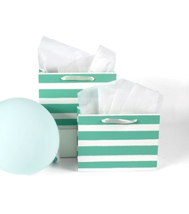 Detail of premium green striped gift bags with elegant white satin ribbon handles and tissue paper