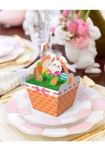 Detailed close-up of a 3D Easter gift basket with cartoon bunnies and eggs on a plate
