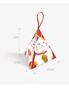 Maneki Neko pyramid gift box with red ribbon handle, dimensions 12cm by 12.5cm