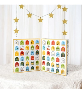 Detail of 30-day Ramadan countdown calendar gift box with mosque and camel patterns