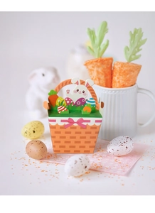Easter paper gift basket box with colorful rabbit egg prints and handle for candy packing