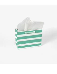 Close-up of green striped paper gift bag with soft satin handles and white tissue paper