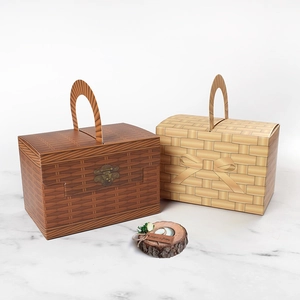 Faux rattan picnic style gift box with handles in wood grain and woven textures