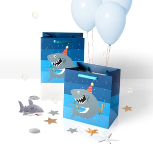 Cute shark blue paper gift bag with party hat and silk handles for kids birthday party