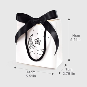 White mini gift bag with black moon stars and ribbon, dimensions 14x7x14cm