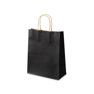 Minimalist black paper gift bag with durable twisted rope handles on white background