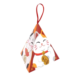 Pyramid-shaped gift candy box featuring festive Maneki-neko lucky cat and red silk cord