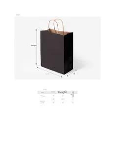 Size chart for black kraft paper gift bags showing three dimensions with rope handles