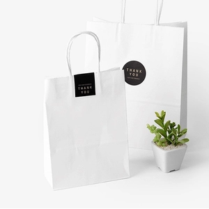 White Kraft Paper Gift Bag With Twisted Handle And Thank You Sticker Solid Color Portable Shopping Packaging Bag