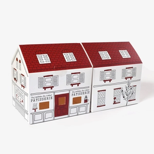 Japanese style white paper gift box with red roof and French bakery house line art