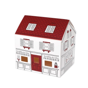 Minimalist white house-shaped gift box with a red roof and French pâtisserie illustration