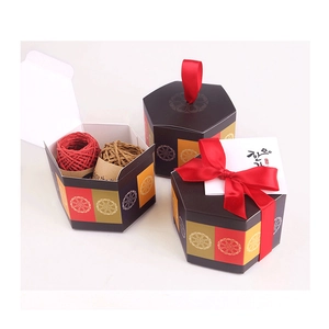 Hexagonal vintage gift boxes with floral patterns and red ribbons for jewelry and candy