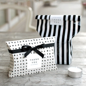 Black polka dot pillow box and striped gift bag set with Thank You tags for wedding gifts