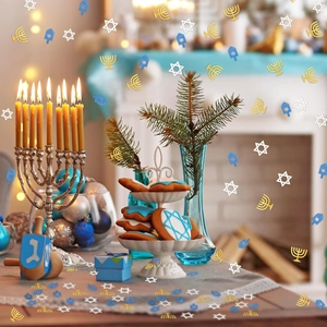 Detailed view of Hanukkah table confetti featuring blue and gold Star of David and Menorah shapes