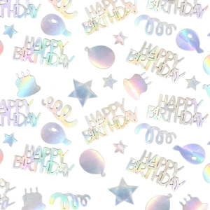 Iridescent rose gold birthday confetti set with stars balloons and happy birthday letters