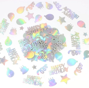 Holographic rose gold Happy Birthday confetti with star and balloon shapes for parties