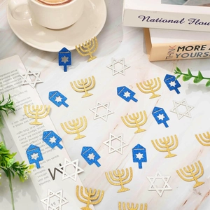 Blue and gold Hanukkah confetti featuring Star of David, Menorah and Dreidel shapes