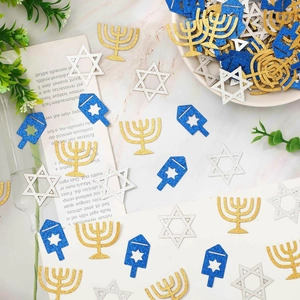 Hanukkah confetti with glitter Menorah and Star of David icons for party table decor