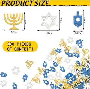 Size guide for Hanukkah confetti featuring Star of David, Menorah and Dreidel shapes