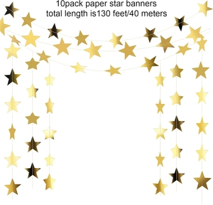 Detail of 10 pack gold paper star garland totaling 40 meters for party decorations