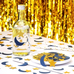 Star and moon confetti in gold and blue for festive party table decorations