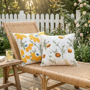 Modern French countryside floral embroidered cushions on a stylish rattan garden lounge chair