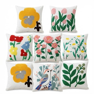 Floral embroidered tulip throw pillows with tufted texture for French cottage sofa decor