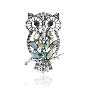 Vintage Owl Brooch For Women Alloy Abalone Shell Inlaid Retro Silver Tone Rhinestone Animal Shape Brooches Pin Decoration