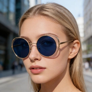 Detail of round sunglasses featuring a double-hollow golden metal frame and blue lenses