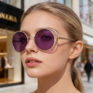 Detail of round gold metal sunglasses with purple lenses and hollow frame on model