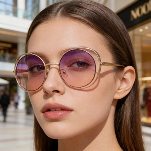 Detail of hollow double metal frame sunglasses with gradient lenses on a model