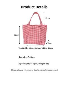 Detail of red checkered canvas tote bag with 85g weight and dimension specifications