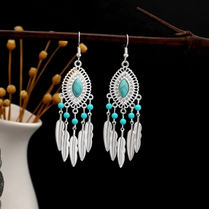 Detail of Bohemian turquoise drop earrings with silver feather charms on a branch