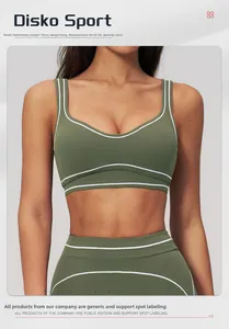 Close-up of olive green yoga set with white contrast stitching and U-neck sports bra