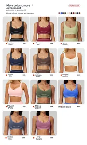 Detailed grid display of U-neck sports bras in eleven vibrant contrasting colors
