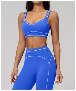 Detail of blue yoga set featuring white contrast stitching and high elasticity fabric