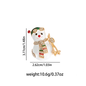 Detail view of snowman skiing brooch with crystal scarf and dimensions annotation