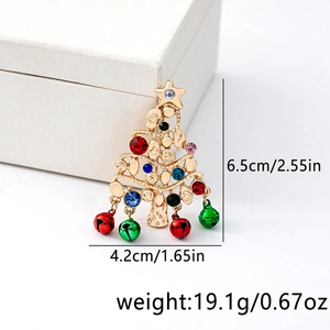 Detail view of colorful rhinestone Christmas tree brooch with festive bells and dimensions