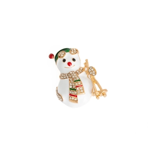 Sparkling snowman brooch with white enamel, green hat and crystal scarf for Christmas style