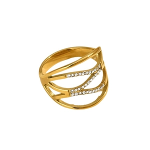 Modern geometric gold wave ring with hollow design and sparkling zircon accents