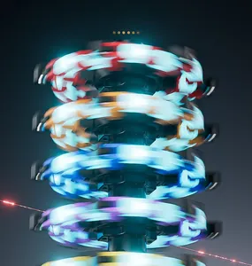 Macro shot of colorful glowing LED fidget spinners stacked in multiple rotating layers
